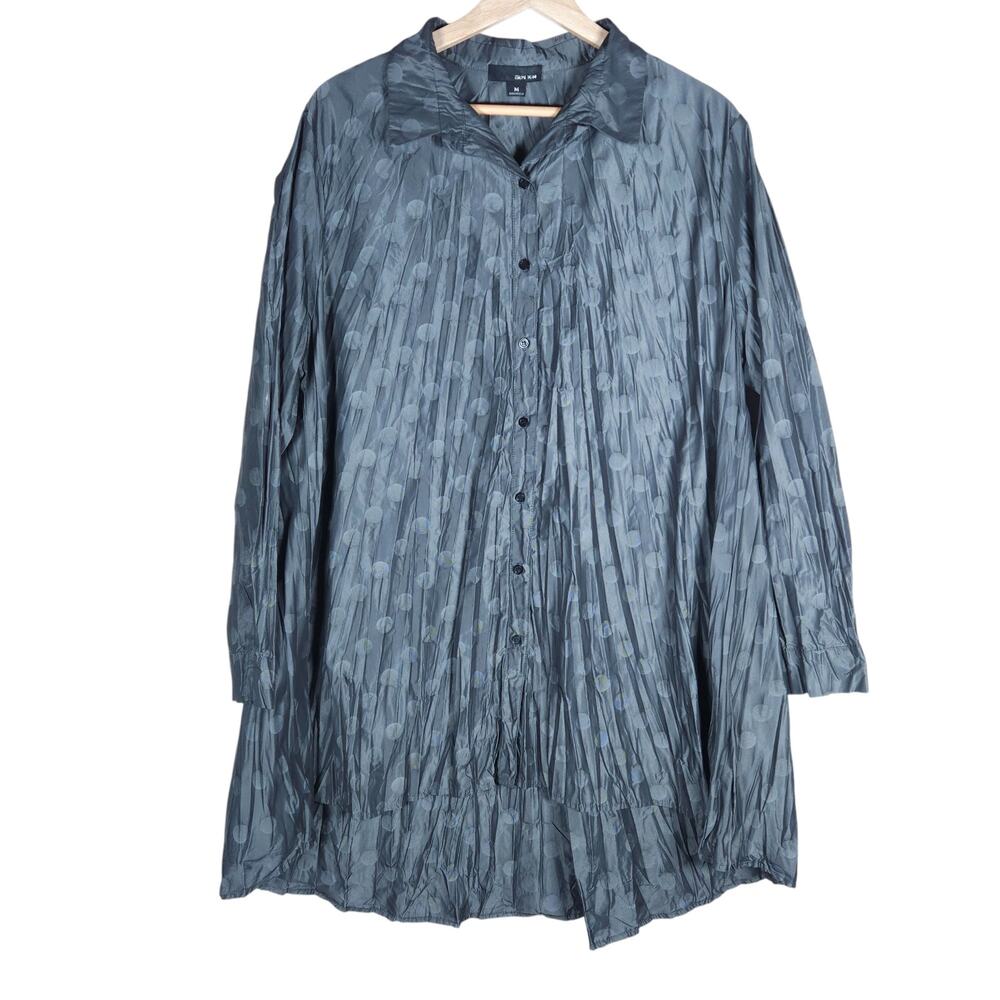 Sun Kim Tunic Jacket Medium Gray Pleated Polka Dot Button Down Artsy Boho Chic - Picture 1 of 13